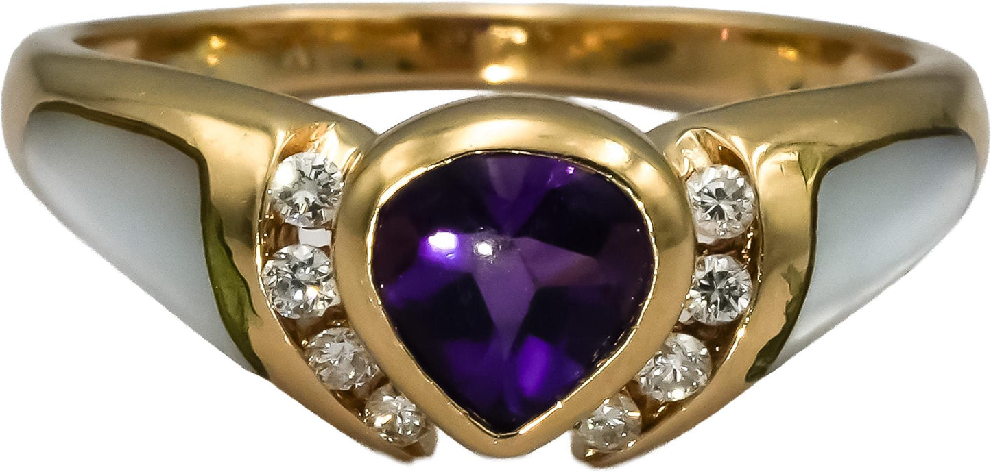 14k Yellow Gold Diamond Amethyst Mother of Pearl Cocktail Ring 0.16CT Size 8