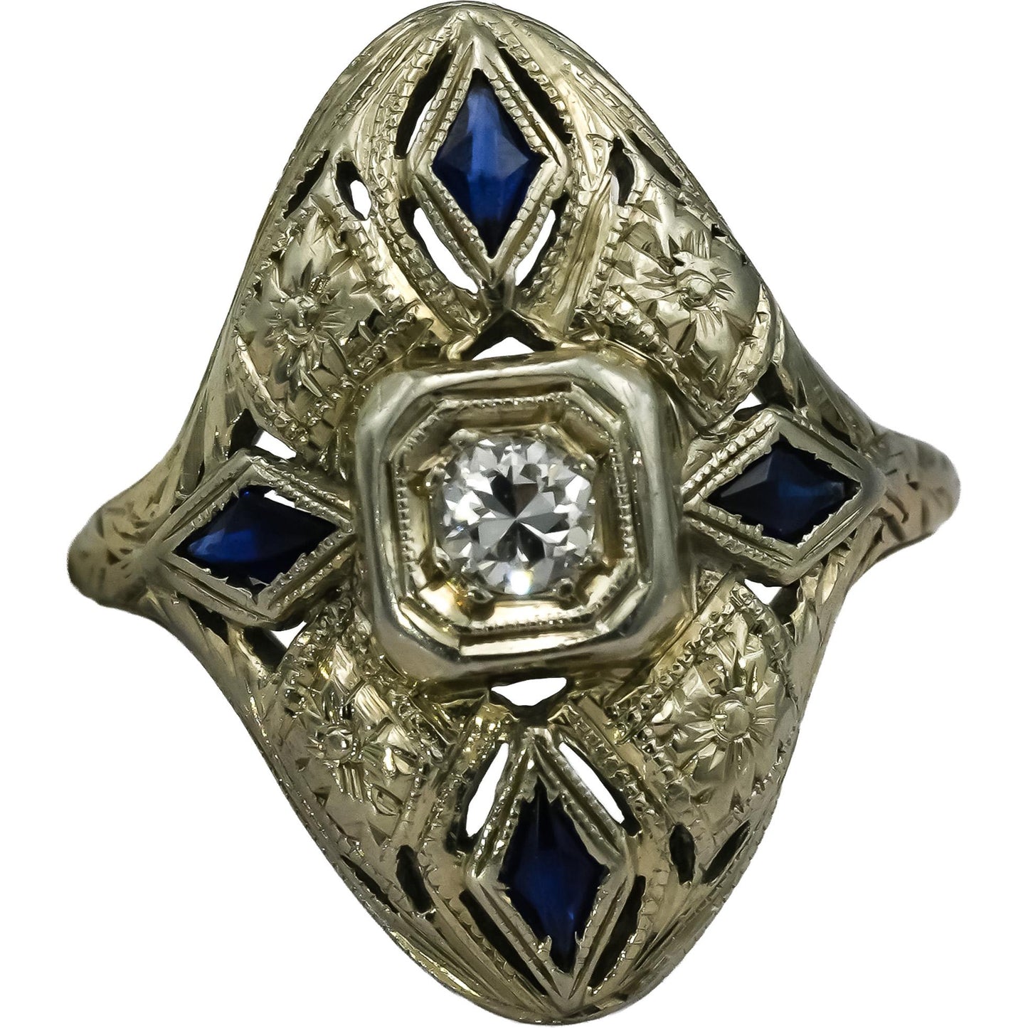 Art Deco Antique 18k White Gold Diamond & Synthetic Sapphire Ring 0.40CT Size 4