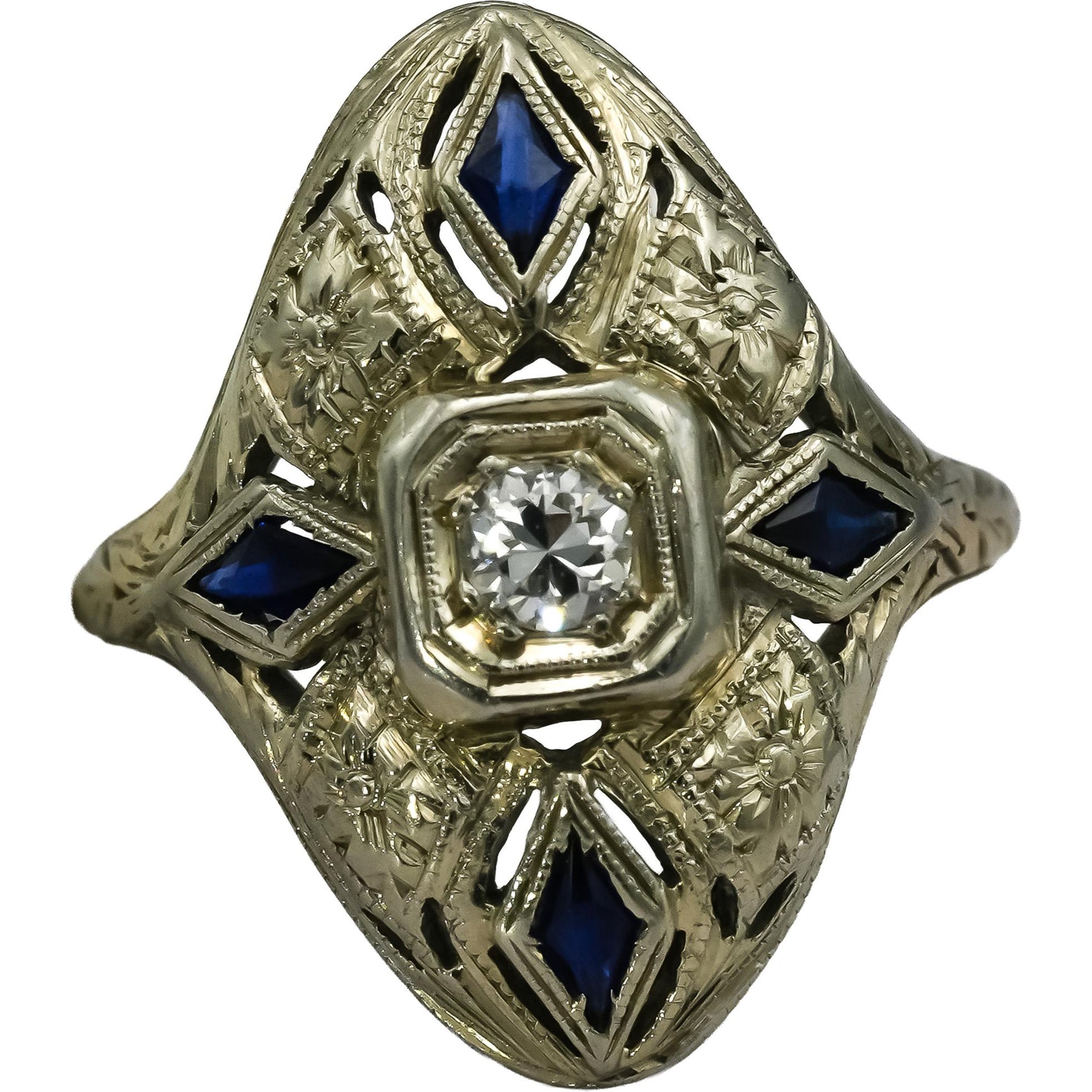 Art Deco Antique 18k White Gold Diamond & Synthetic Sapphire Ring 0.40CT Size 4