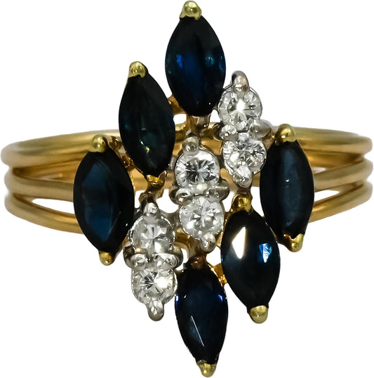 14k Yellow Gold Round Diamond Marquise Sapphire Cocktail Ring 1.05CT Size 7