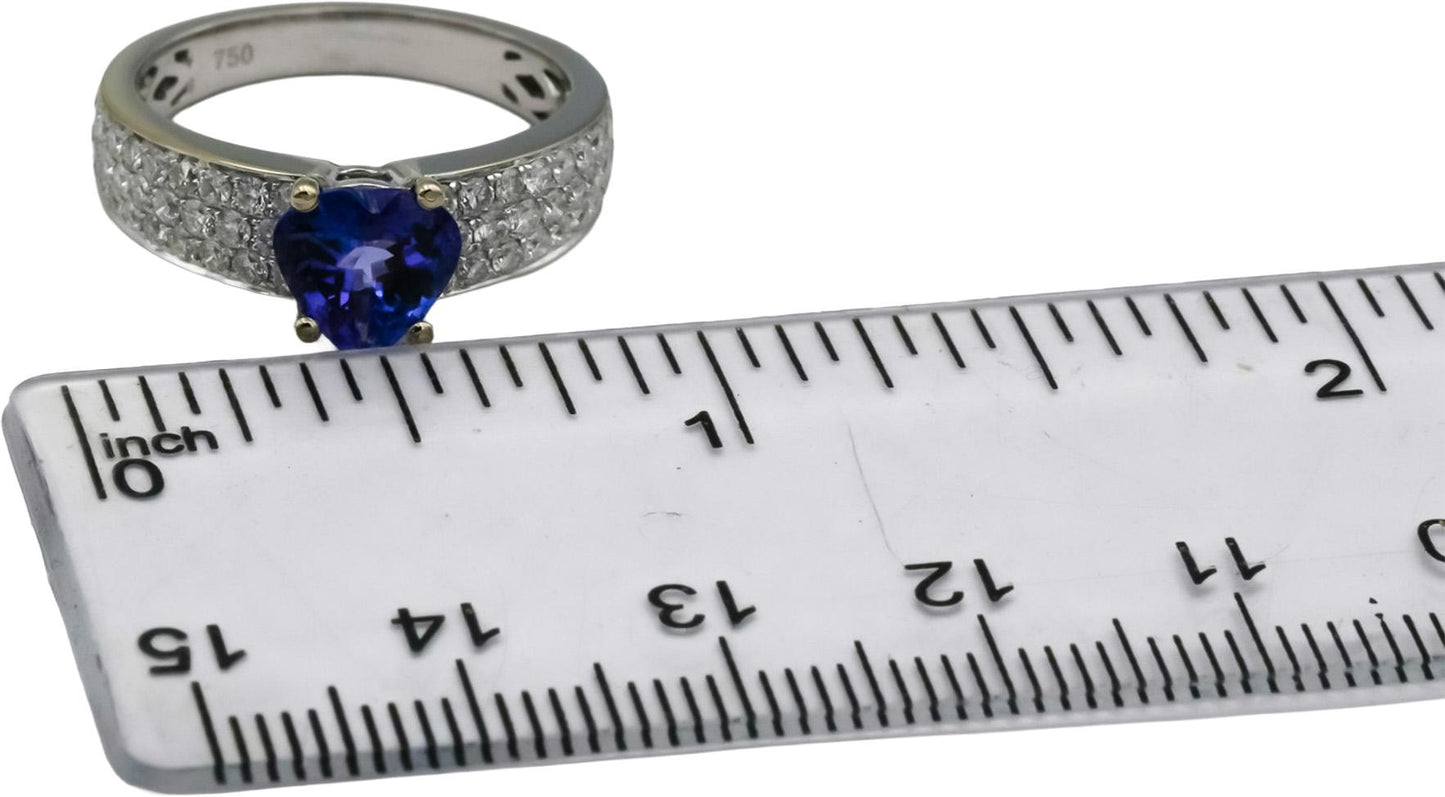 18k White Gold Round Diamond Heart Cut Tanzanite Cocktail Ring 2.28CT Size 6.75