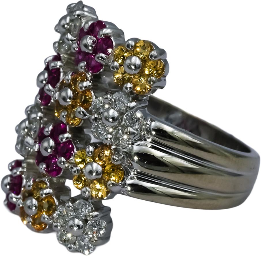 14k White Gold Diamond and Multicolor Gemstone Cluster Ring 0.40CT Size 7