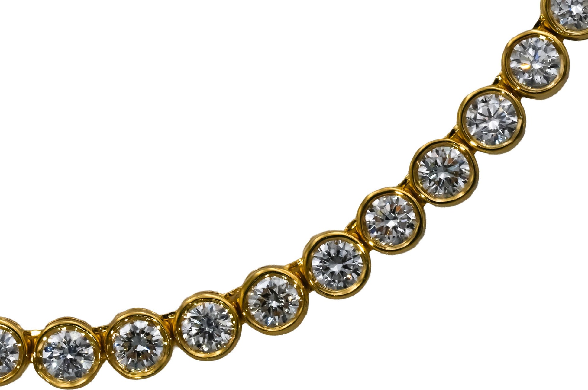 14k Yellow Gold VS Round Bezel Set Diamond Tennis Necklace 9.95CT 123 Pieces