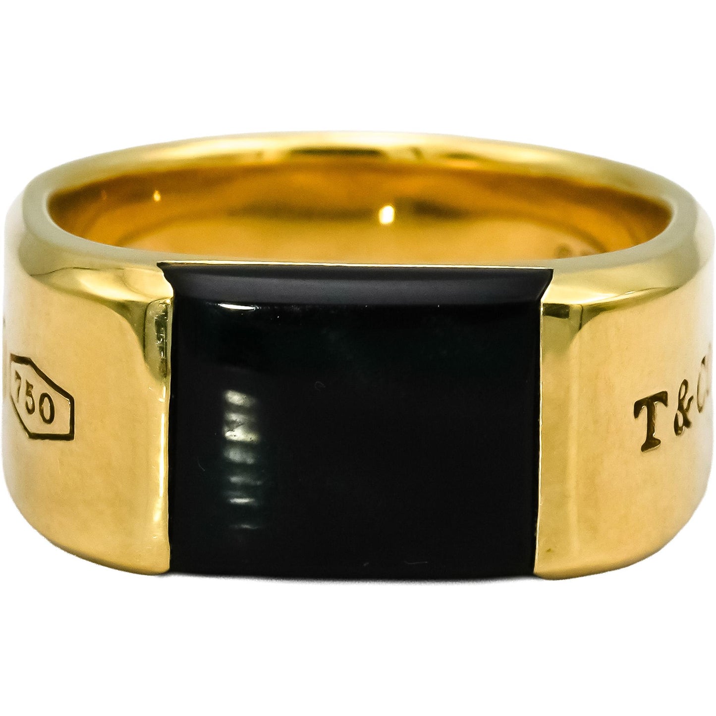 TIFFANY & CO. 18k Yellow Gold 1837 Makers Black Onyx Signet Men's Ring Size 13.5