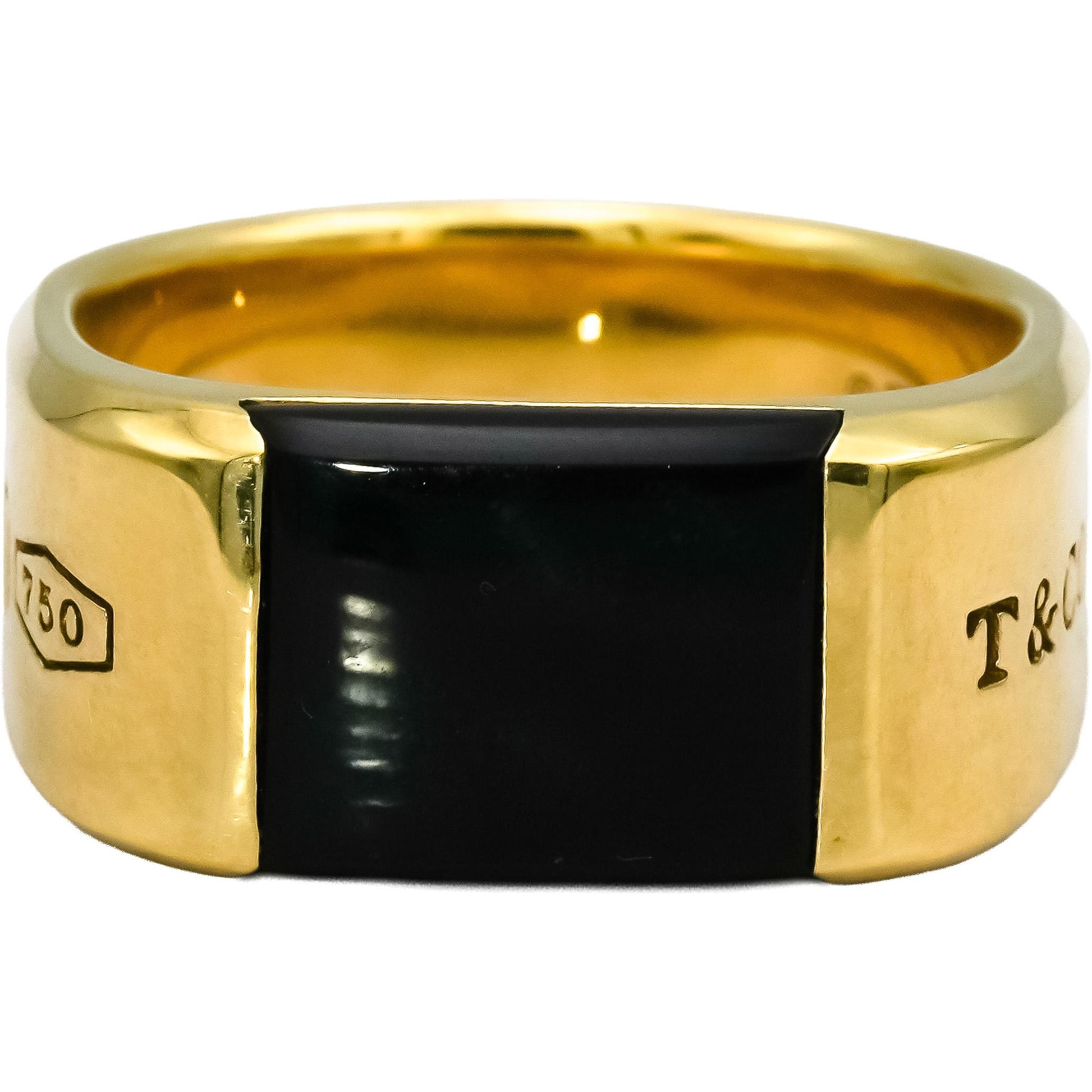 TIFFANY & CO. 18k Yellow Gold 1837 Makers Black Onyx Signet Men's Ring Size 13.5