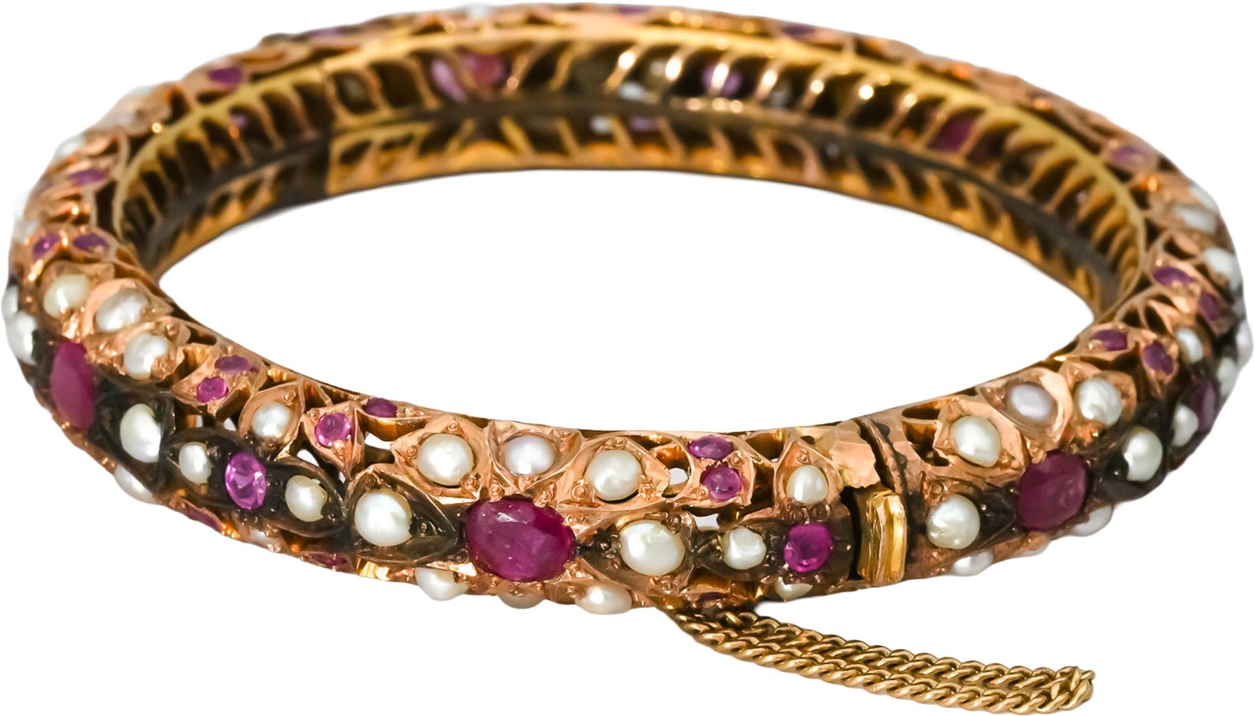 12-14k Gold and Sterling Silver Sapphire Ruby Pearl Bangle Bracelet 3.0CT