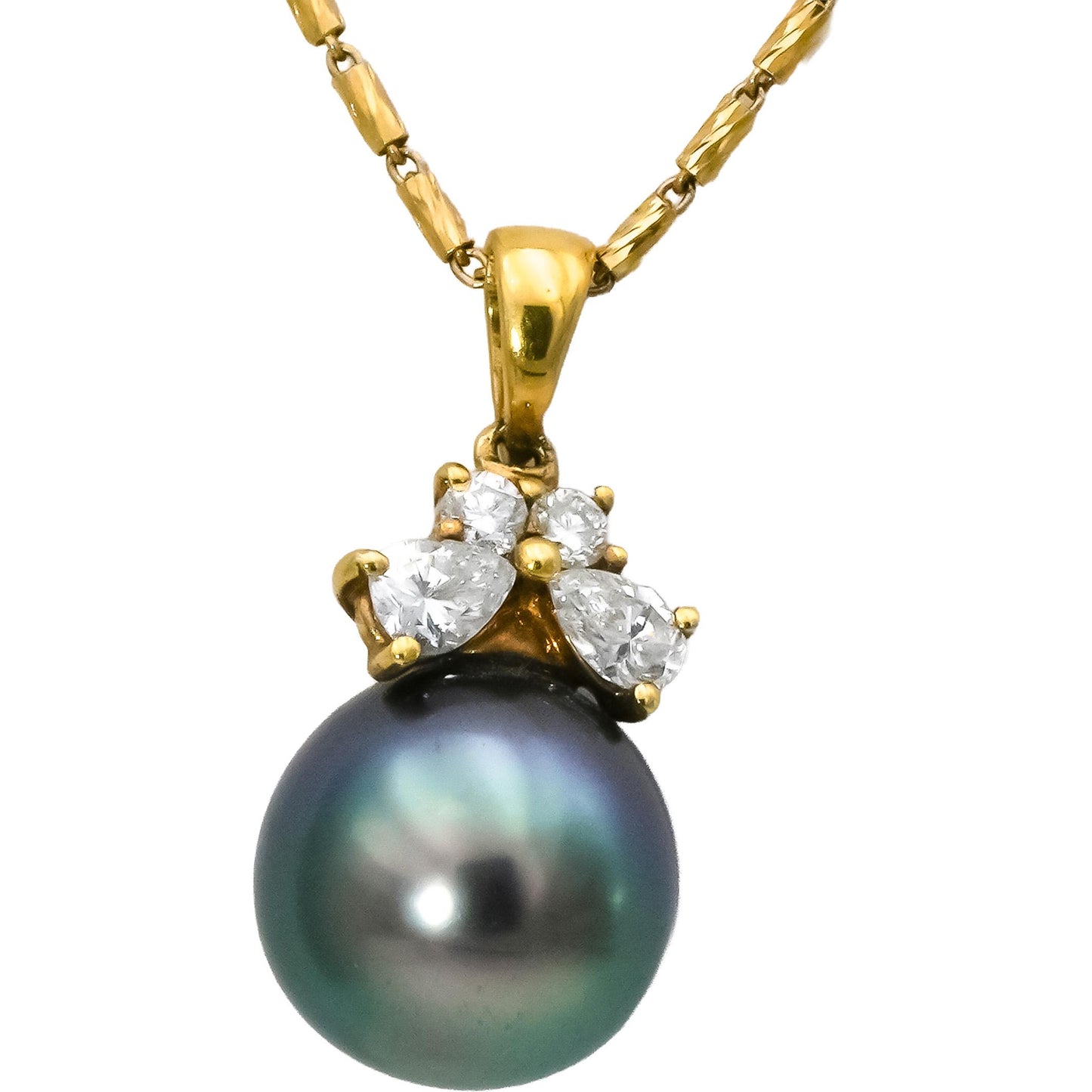 18k Yellow Gold VS Diamond and 10.2mm Black Pearl Pendant Necklace 0.25CT