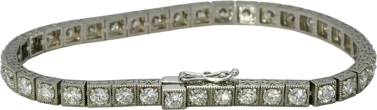 Vintage Platinum VS Diamond Tennis Bracelet w/ Scroll Etching Sides 6.67CT