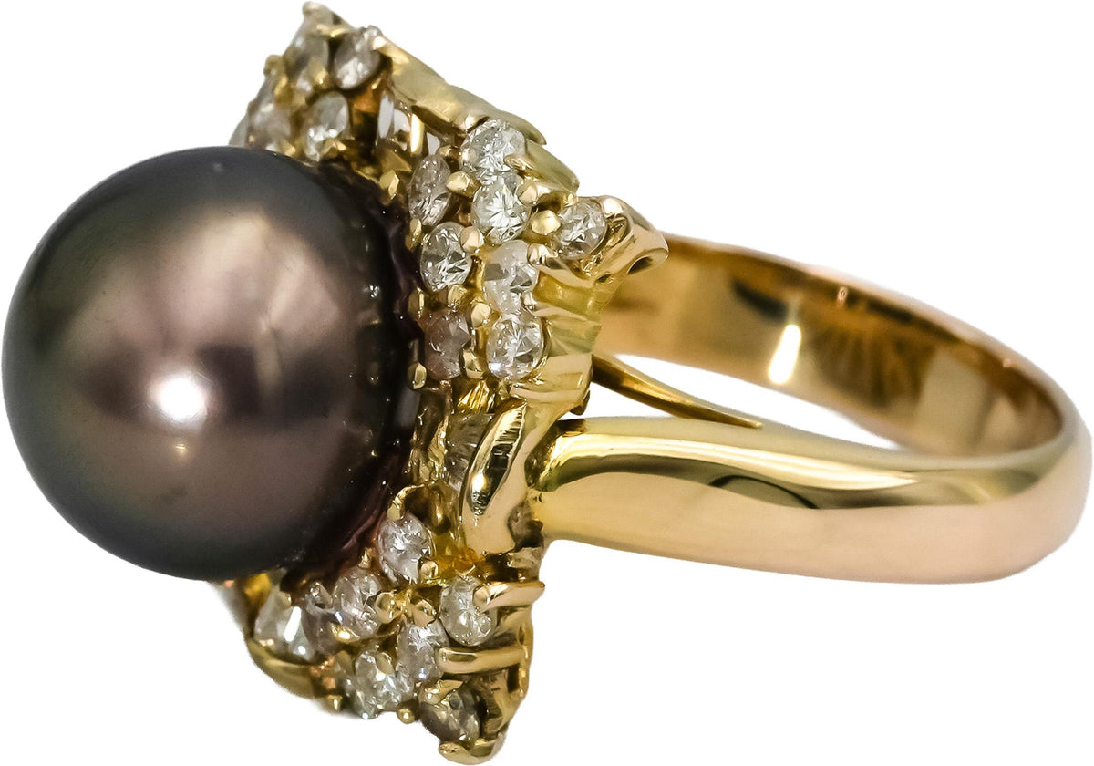 18k Yellow Gold Diamond and 11.5mm Black Tahitian Pearl Ring 1.25CT Size 6