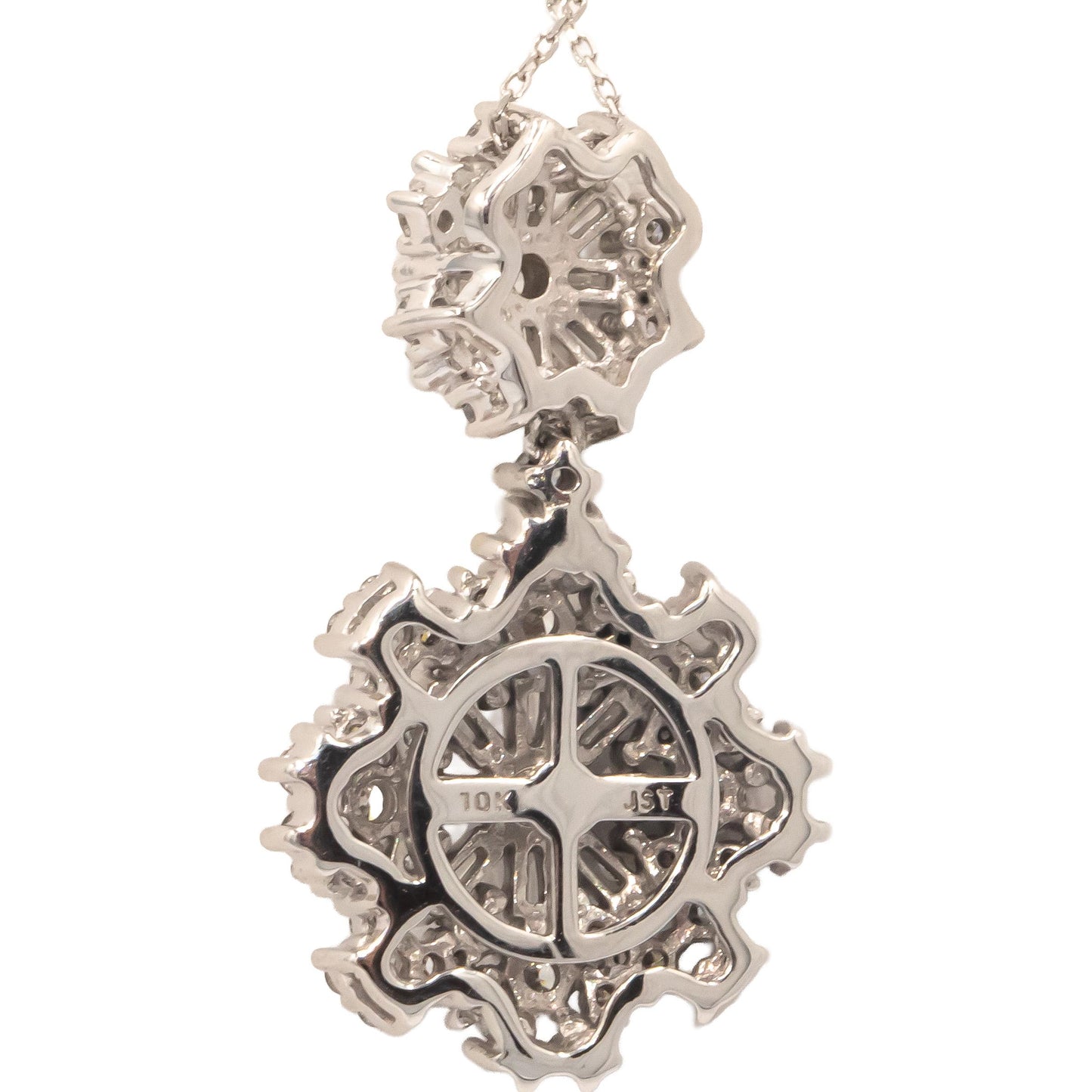 10K White Gold Round & Baguette Cluster Drop Dangle Pendant Necklace 1.0CT