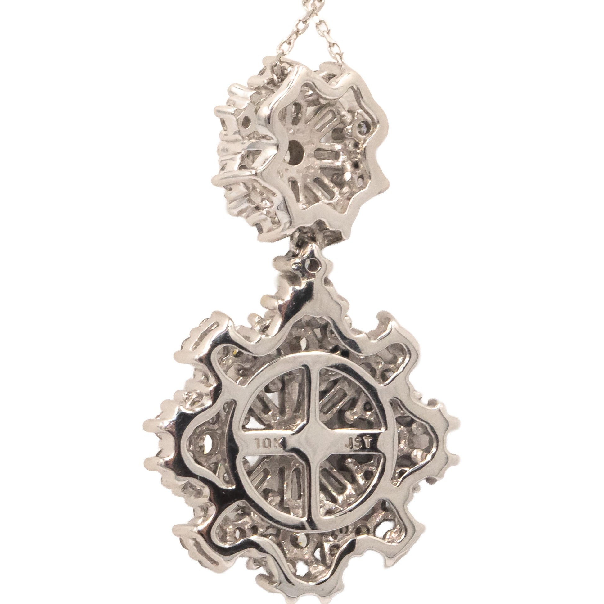 10K White Gold Round & Baguette Cluster Drop Dangle Pendant Necklace 1.0CT
