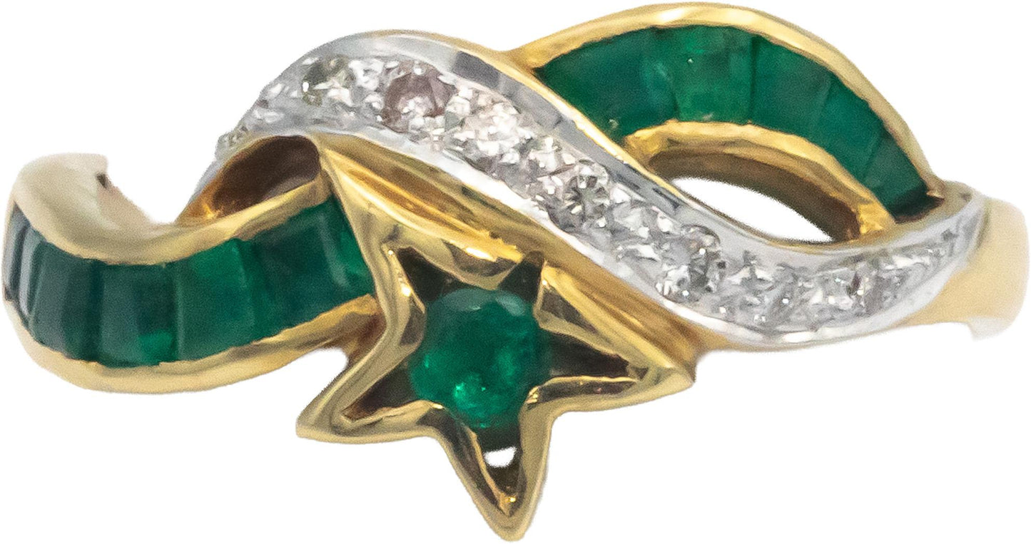 KALATI Designer 18k Gold Diamond and Emerald Star Band Ring 0.58CT Size 5.75