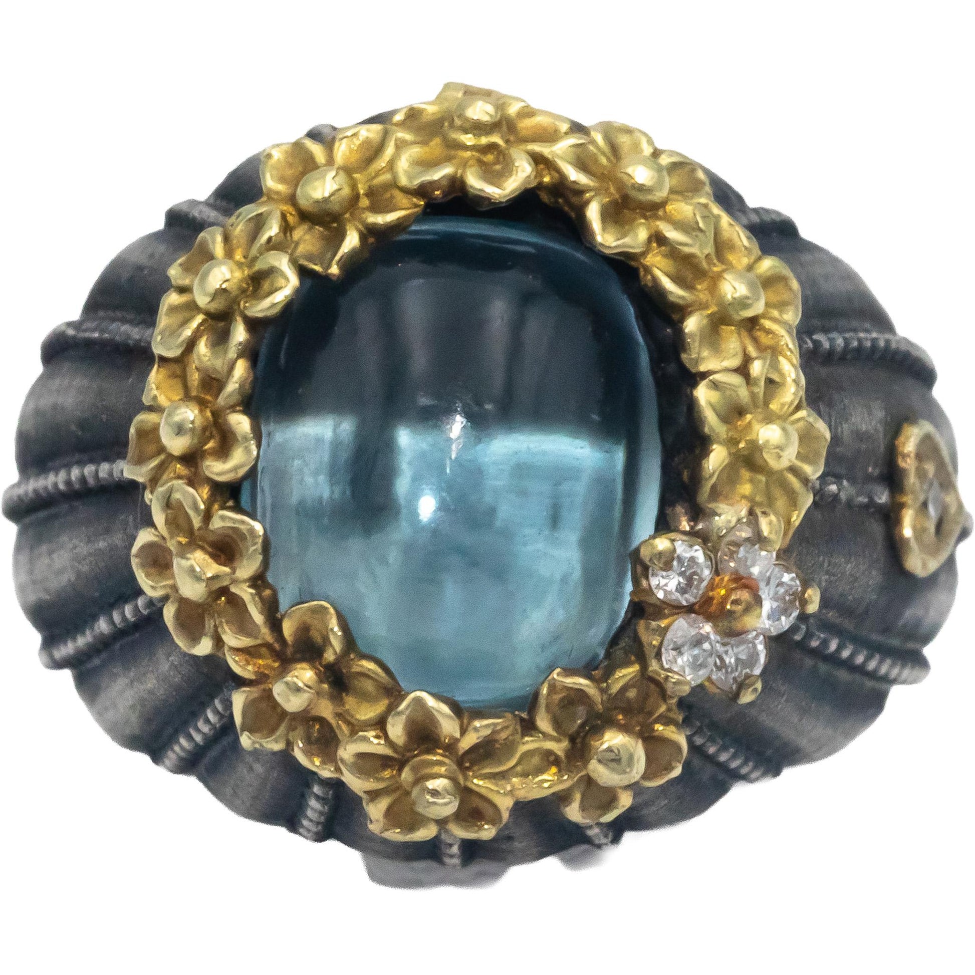 STAMBOLIAN 18k Gold Sterling Silver Diamond Blue Topaz Ring 0.05CT Sz. 6.75