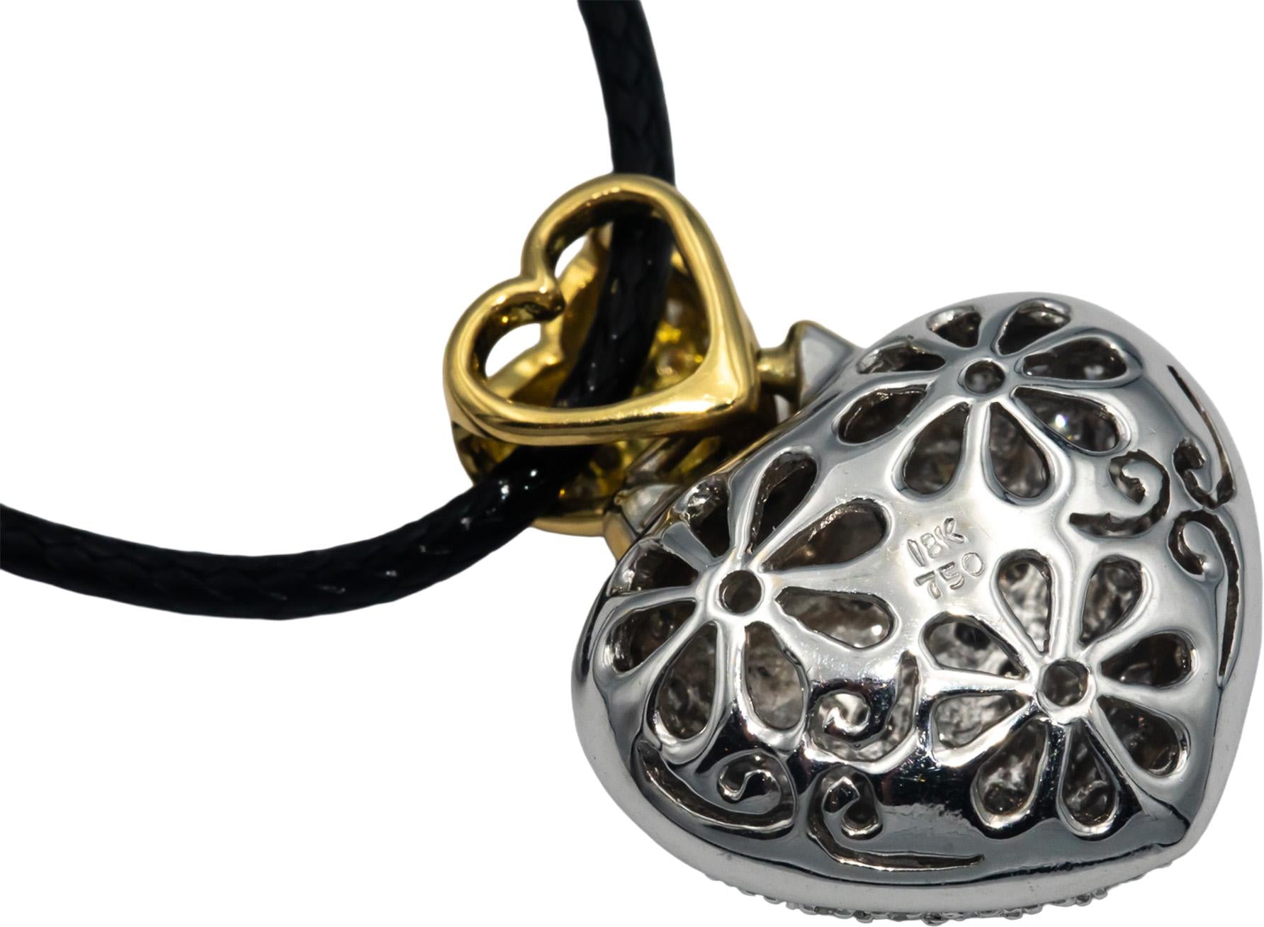 18k Yellow White Gold 1.0CT Diamond Cluster Puffy Heart Pendant Necklace