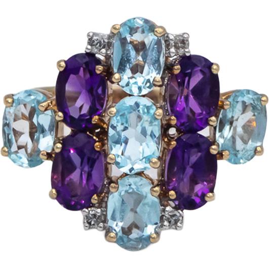 10k Yellow Gold 5.03CT Diamond Topaz Amethyst Cluster Cocktail Ring Size 6.5