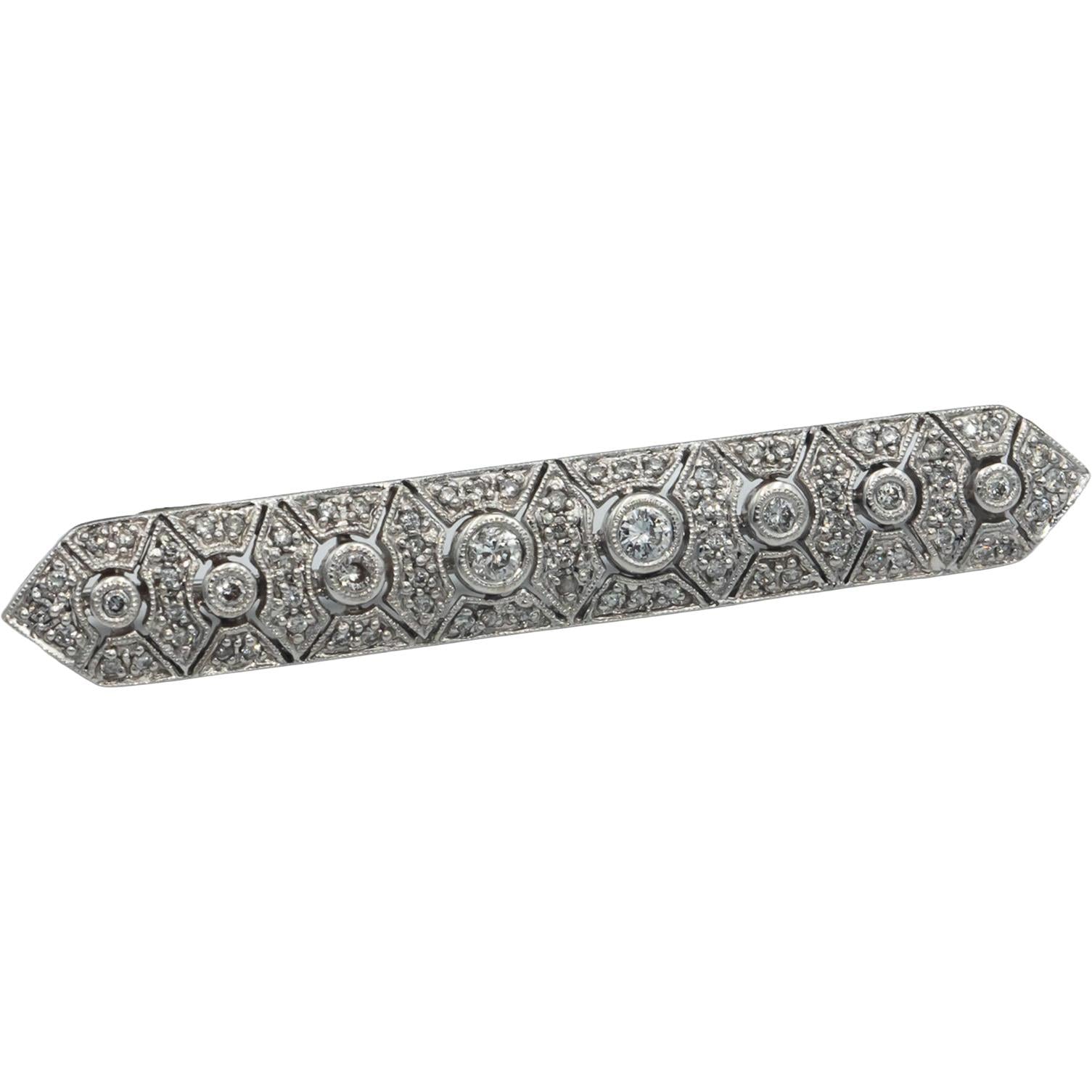 Vintage Antique 18k White Gold 0.95CT Diamond Bar Brooch Pin