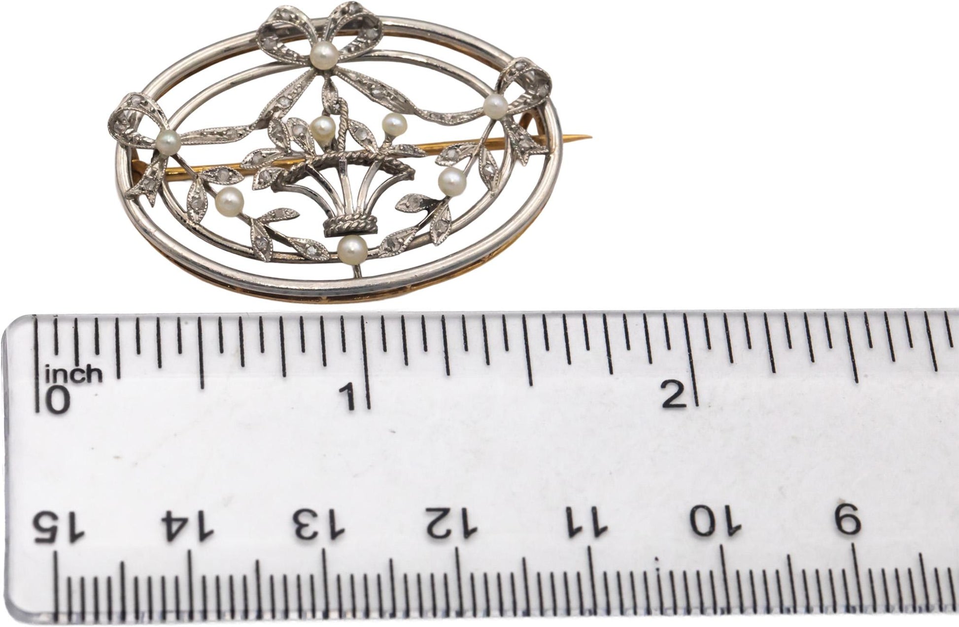 Vintage Antique 10k White and Yellow Gold 2.2mm Pearl & Rose Cut Diamond Brooch