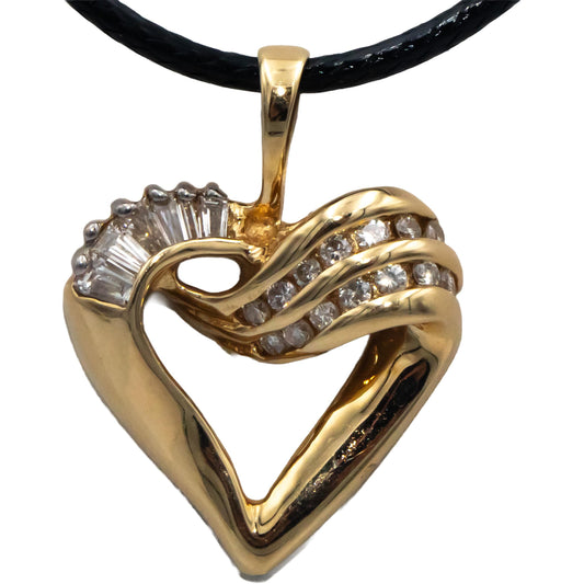 14k Yellow Gold 0.40CT Baguette and Round Cut Diamond Heart Pendant Necklace