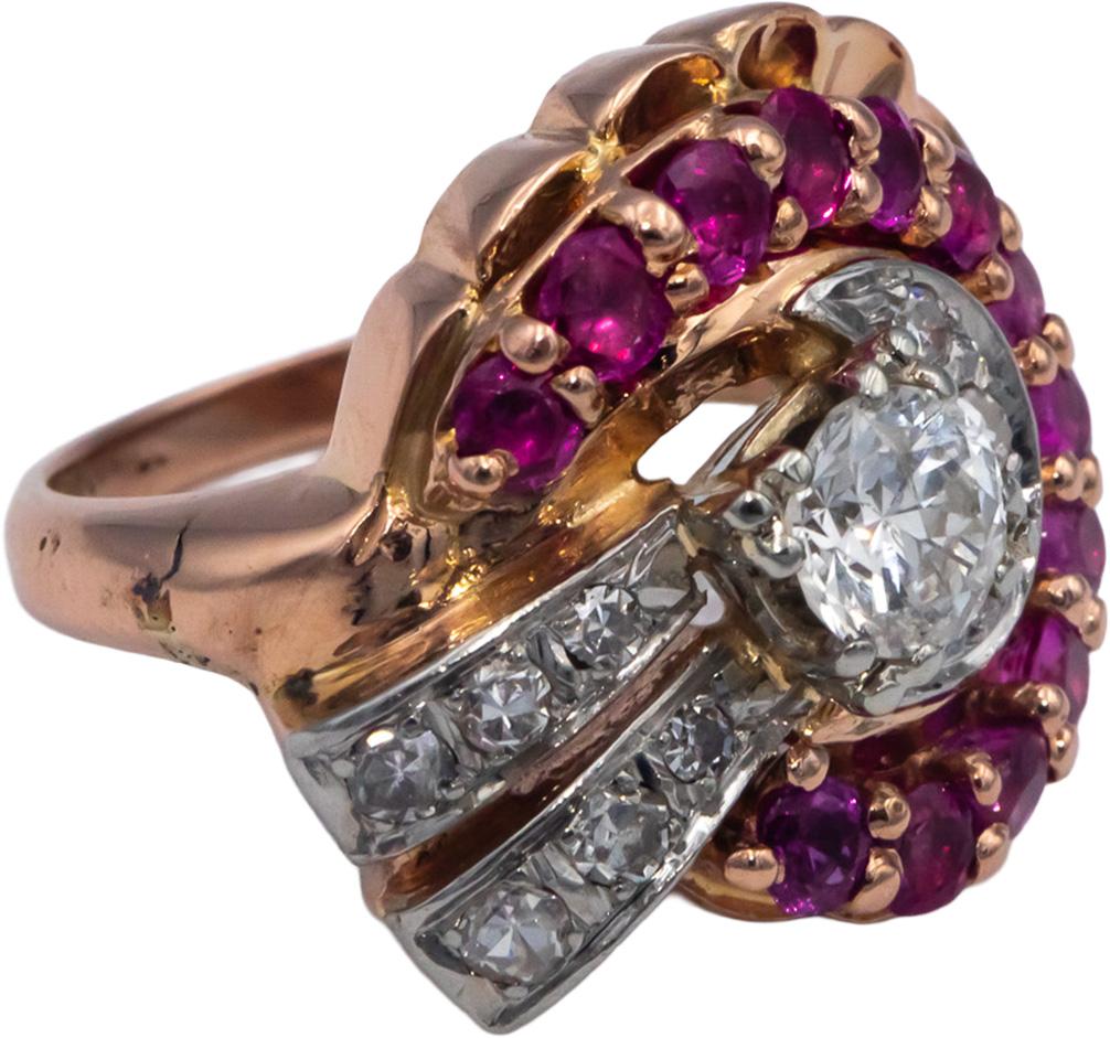 Vintage Antique Retro 14k Rose Gold 1.30CT Diamond and Ruby Ring w/ .55CT Center