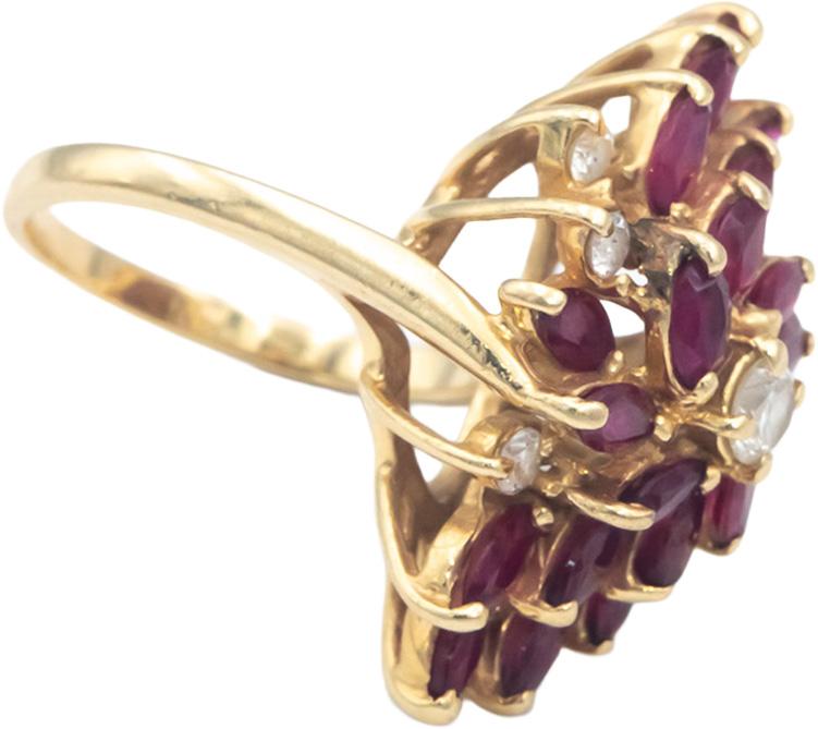 14k Yellow Gold 1.50CT Round Diamond & Marquise Ruby Cluster Ring Size 5.25