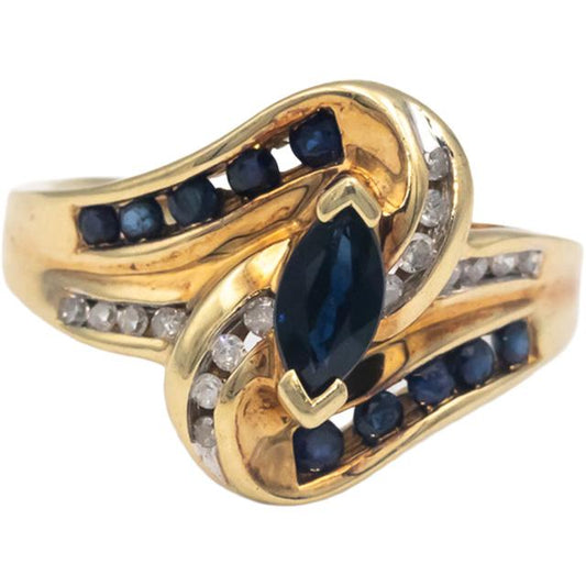 10k Yellow Gold Jewelry 0.75CT Diamond and Sapphire Cocktail Ring Size 6.5