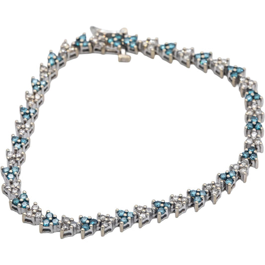 14k White Gold 2.50CT Round Cut White and Blue Diamond Fancy Link Bracelet