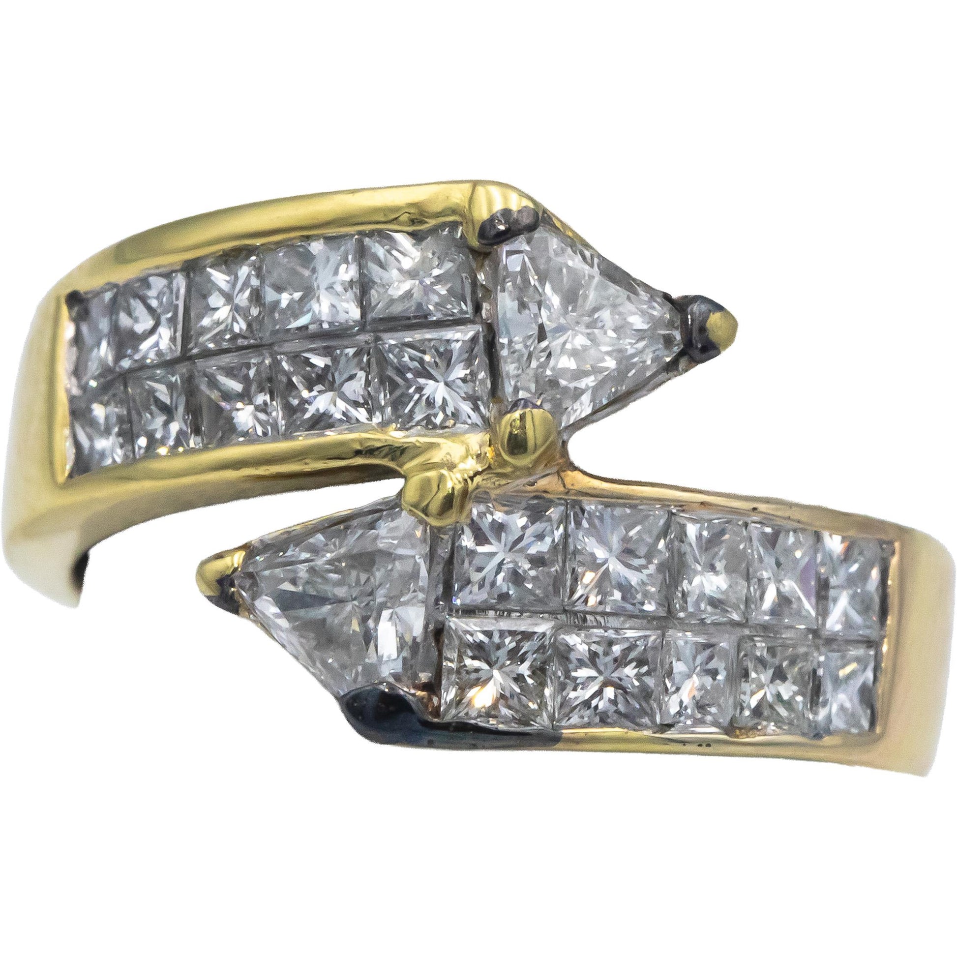 18k Yellow Gold VS Trillion and Princess Diamond Crossover Ring 1.50CT Size 6.25