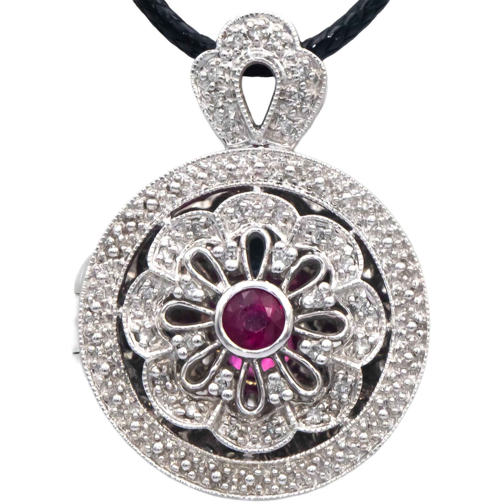 14k White Gold 0.50CT Diamond and Ruby Illusion Setting Locket Pendant Necklace