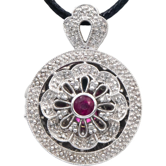 14k White Gold 0.50CT Diamond and Ruby Illusion Setting Locket Pendant Necklace