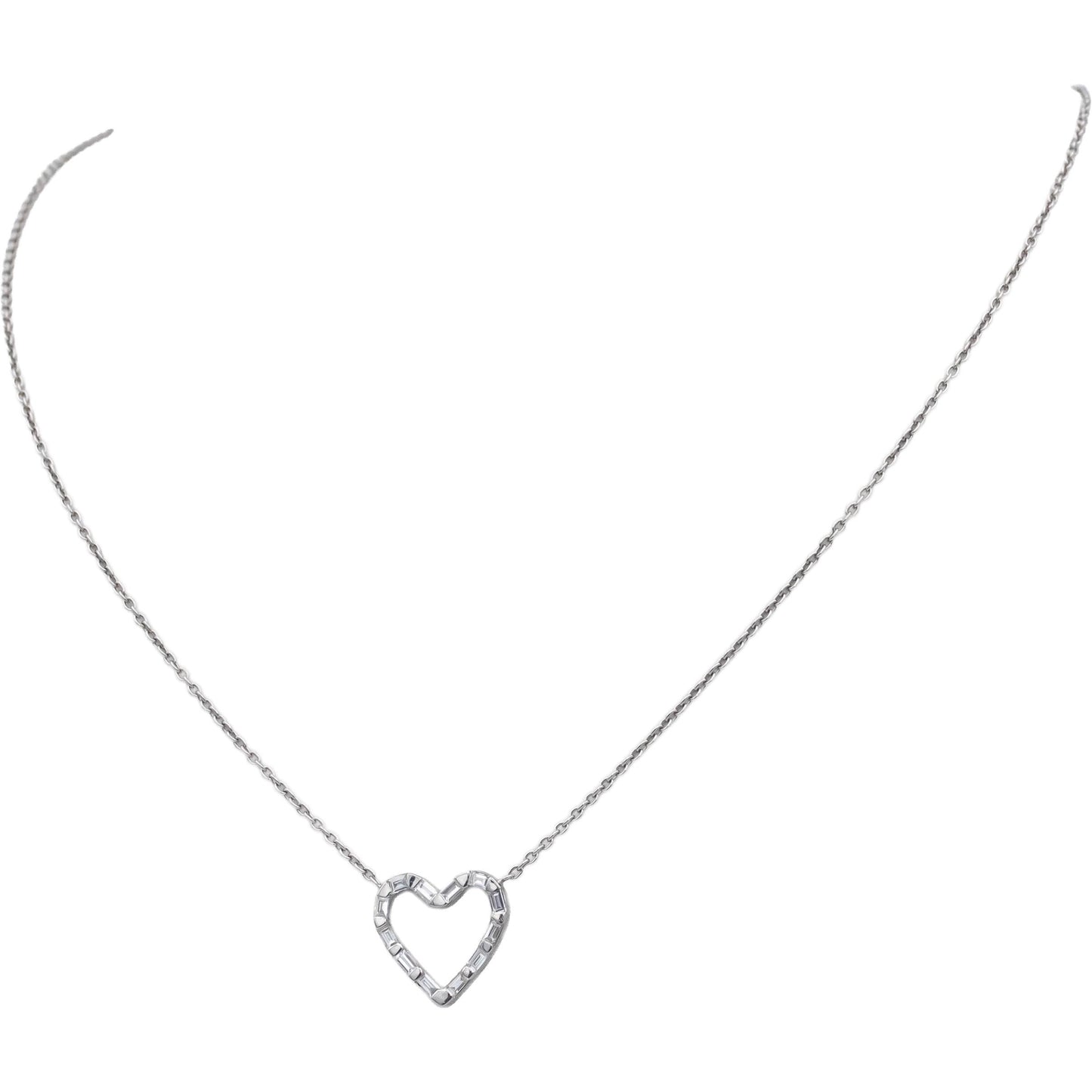 18k White Gold VS Emerald Cut Diamond Bar Set Heart Pendant Necklace 0.20CT