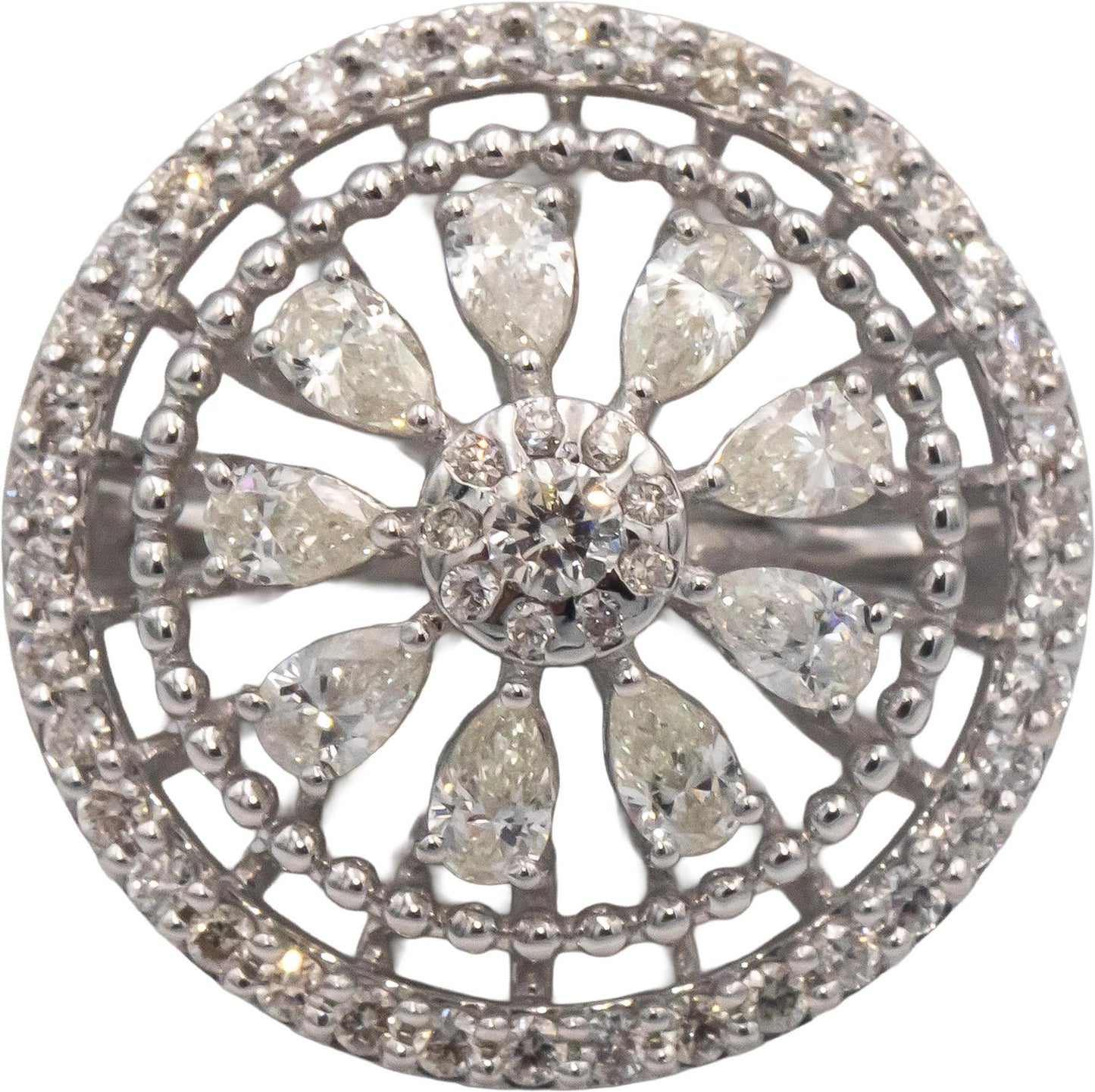 18k White Gold VS Pear & Round Diamond Floral Cocktail Ring 0.81CT Size 6.75