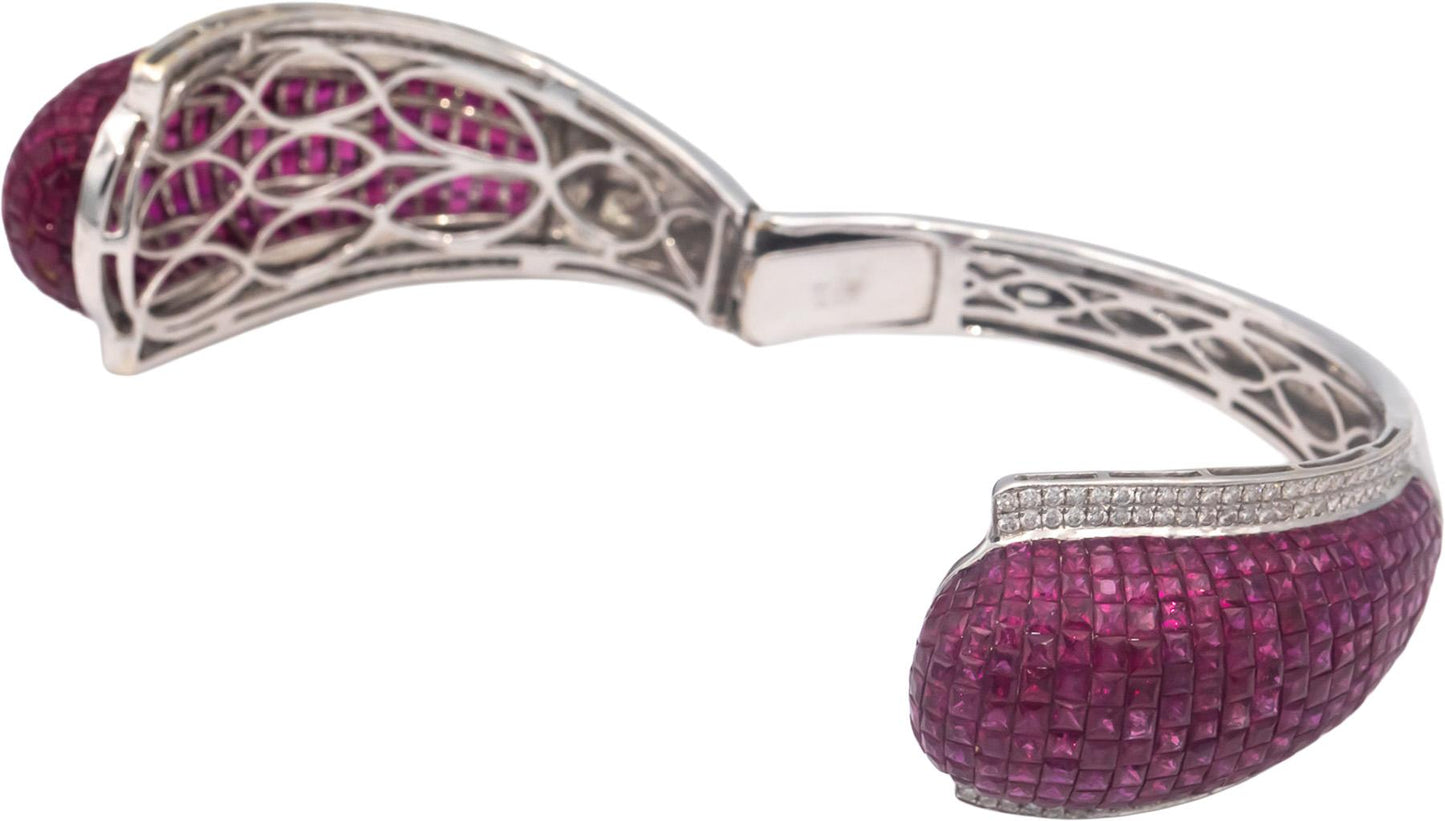 Diamond and Ruby 18k White Gold Cluster Hinged Cuff Bracelet 41.0CT