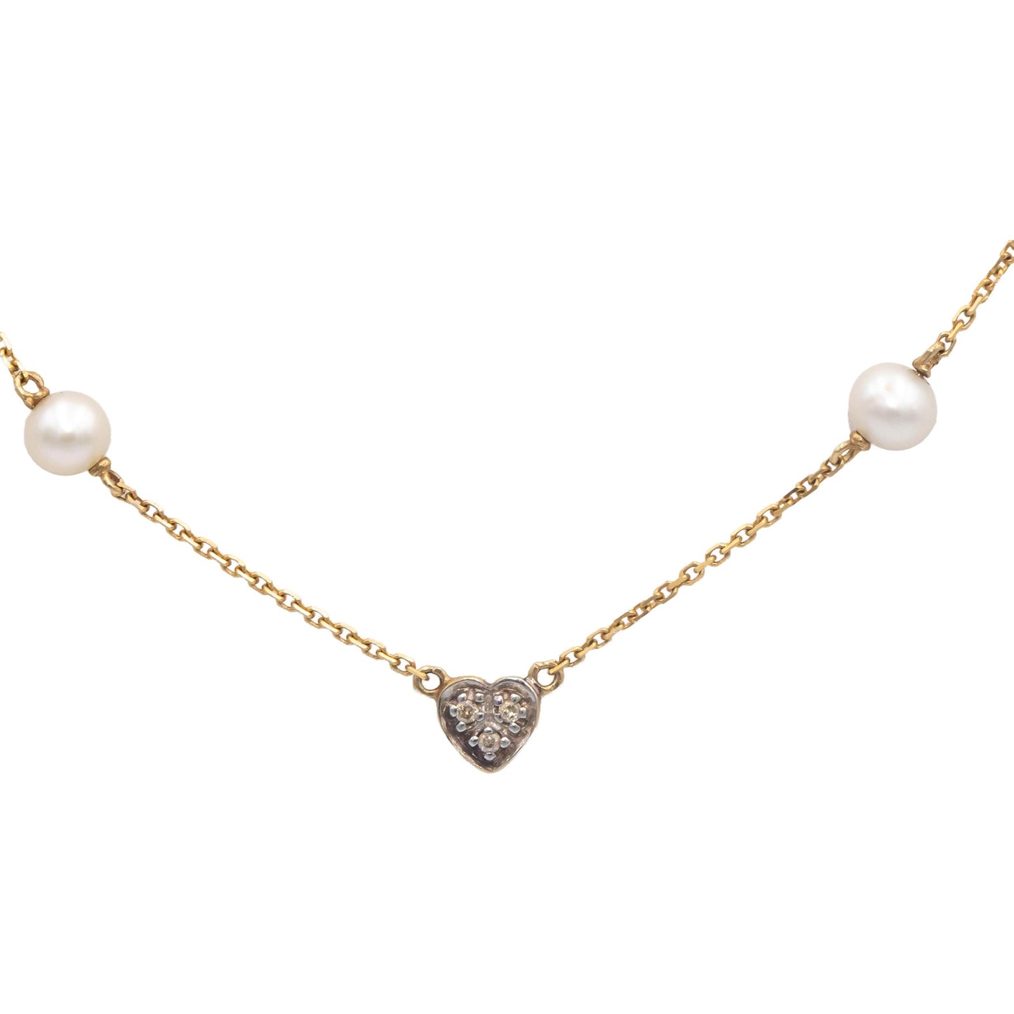 14k Yellow Gold 0.03CT Round Cut Diamond and 4.5mm Pearl Chain Necklace