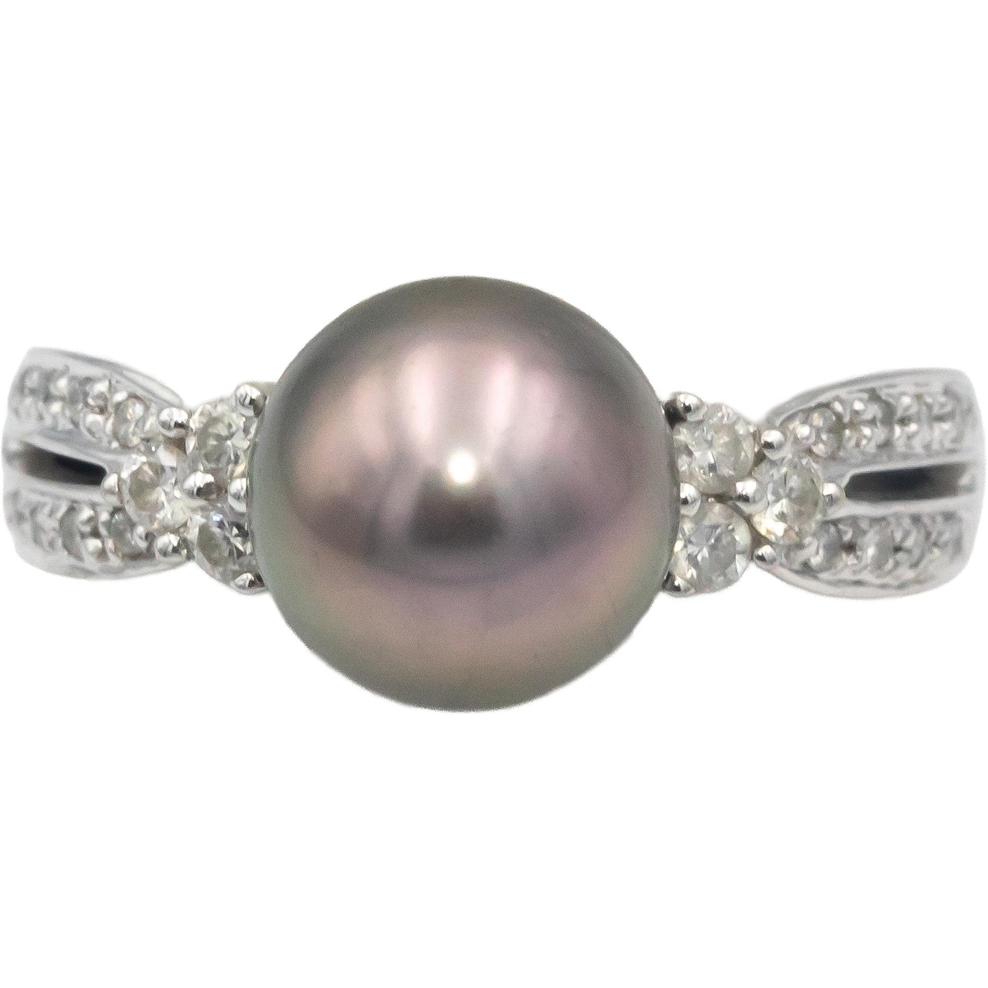 14k White Gold Diamond & 9mm Black Tahitian Pearl Cocktail Ring 0.25CT Size 7.25