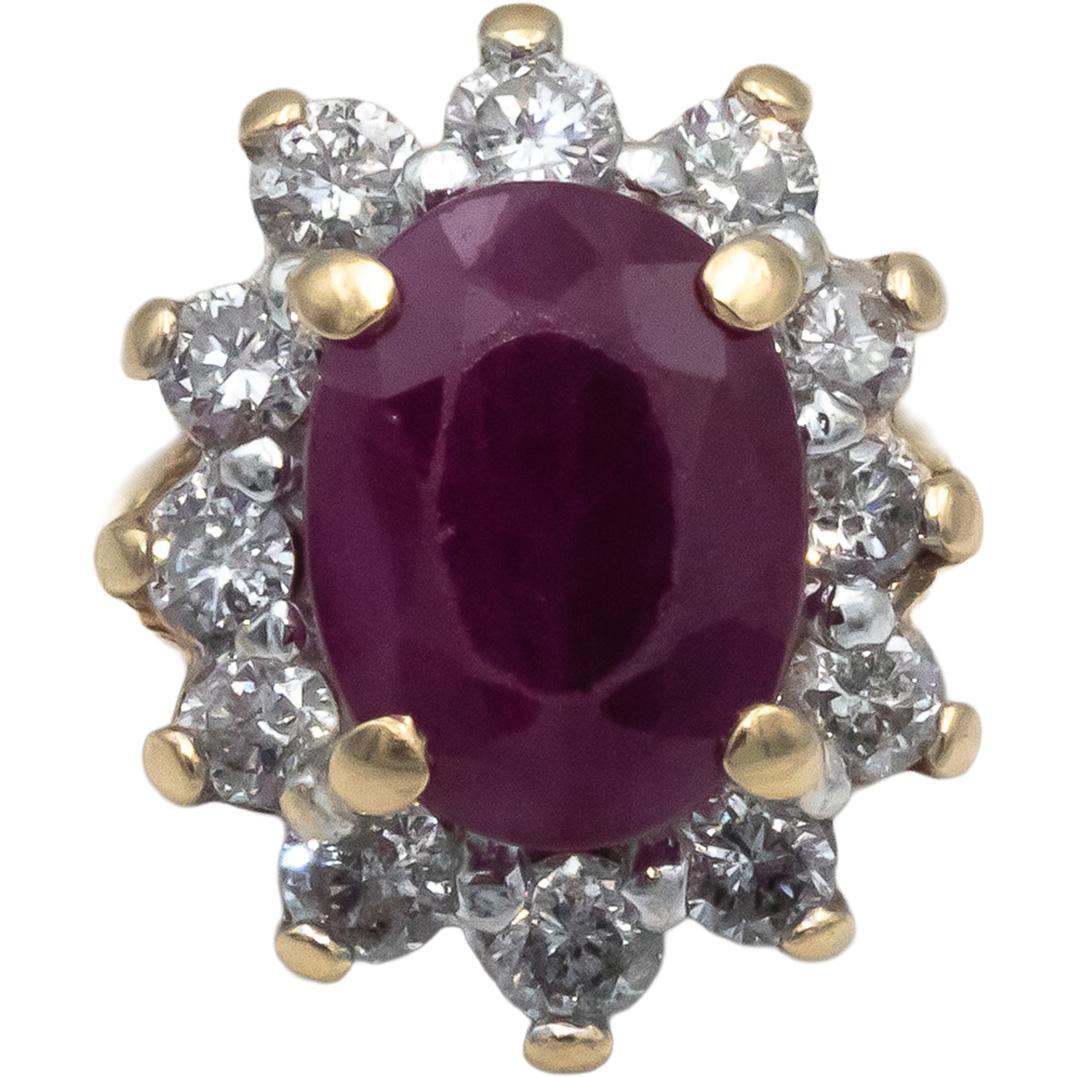 Oval Ruby and Round Diamond 14k Yellow Gold Halo Ring 1.0CT Size 6.75