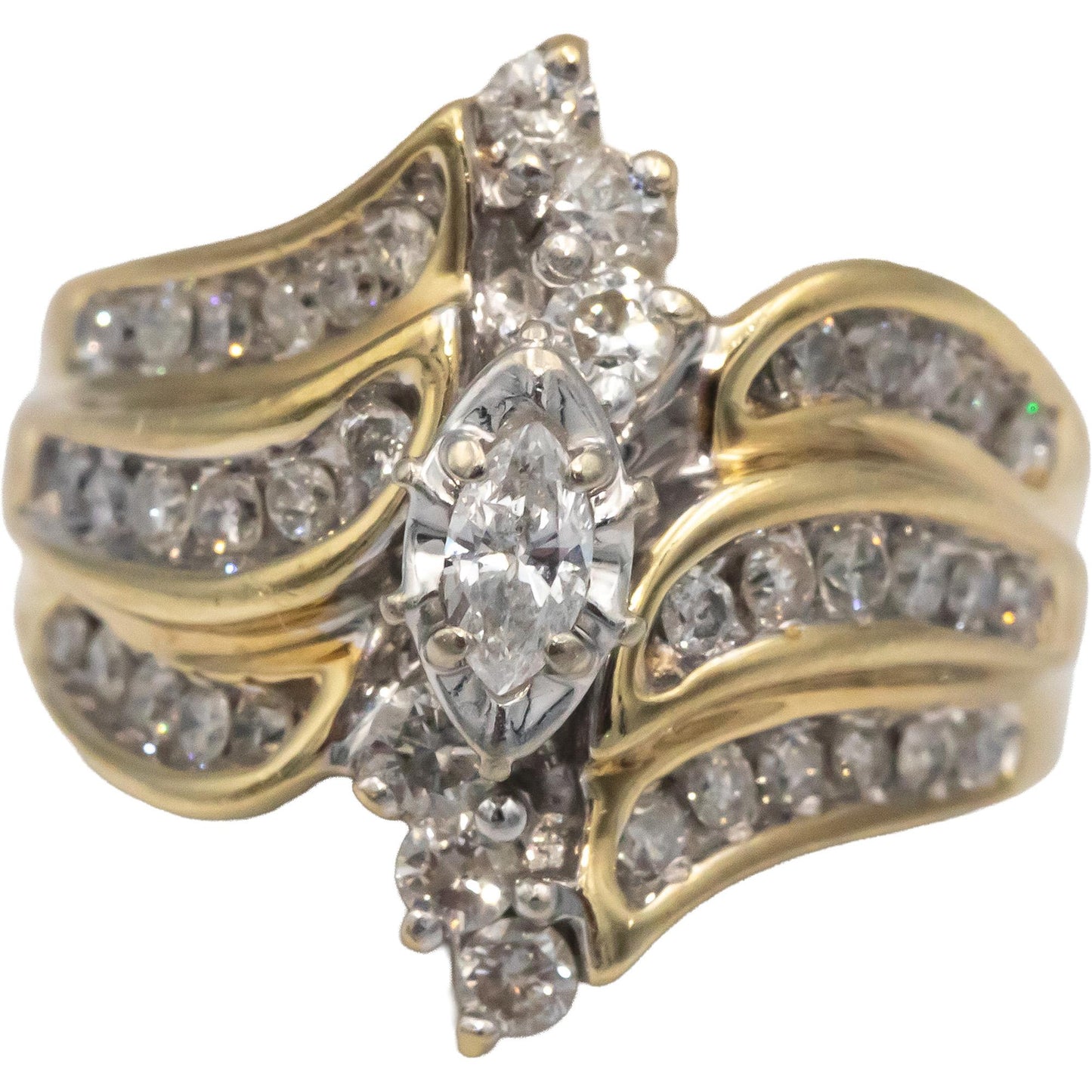 Marquise & Round Diamond 10k Yellow Gold Cocktail Ring 1.0CT Size 7