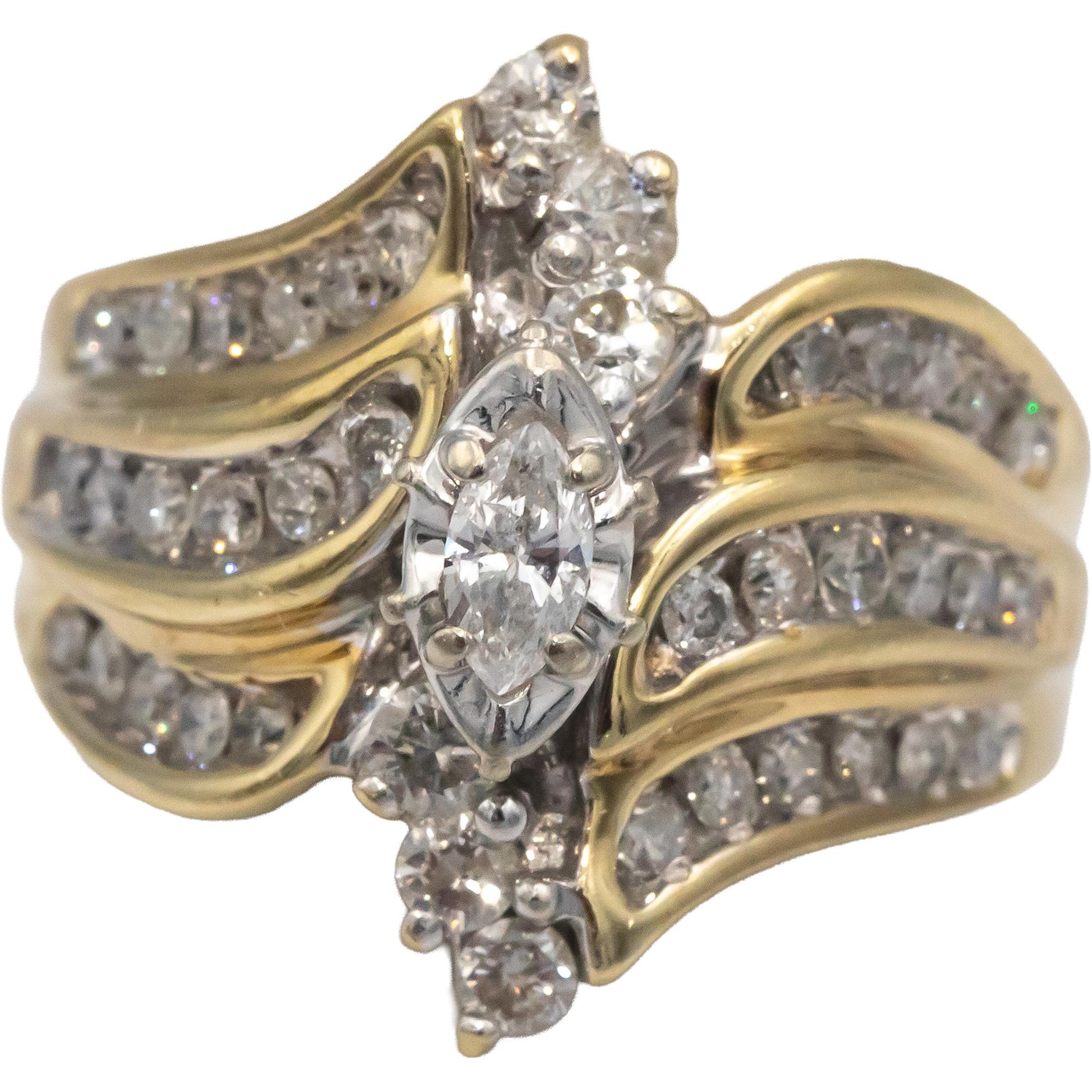 Marquise & Round Diamond 10k Yellow Gold Cocktail Ring 1.0CT Size 7