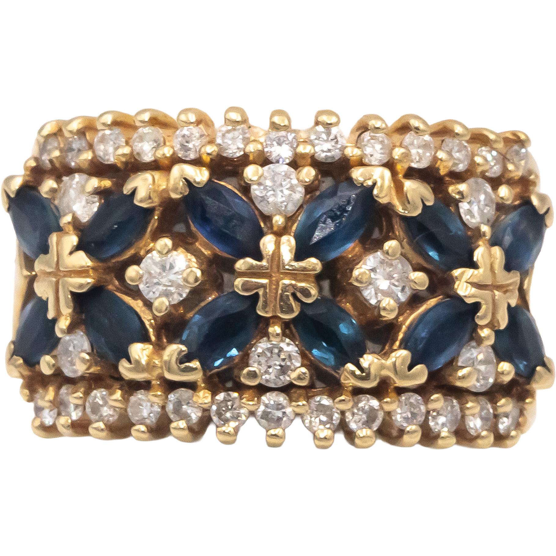 14k Yellow Gold Diamond and Blue Sapphire Wide Band Ring 1.05CT Size 5.5