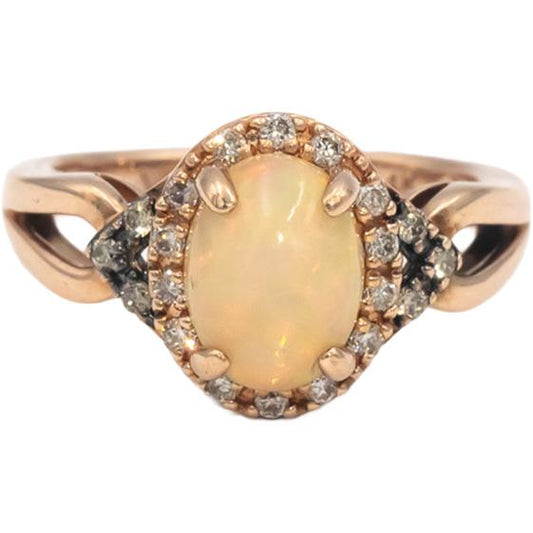 LE VIAN 14k Rose Gold Oval Cabochon Opal & Diamond Ring 0.15CT Size 4.25