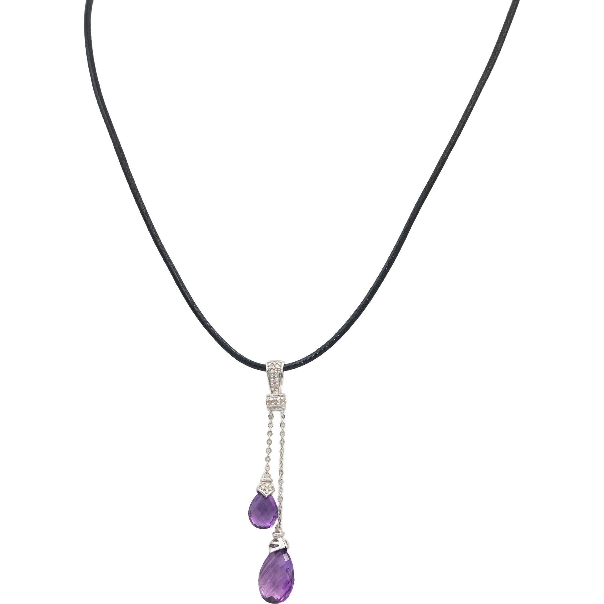 14k White Gold Briolette Amethyst Round Diamond Dangle Pendant Necklace