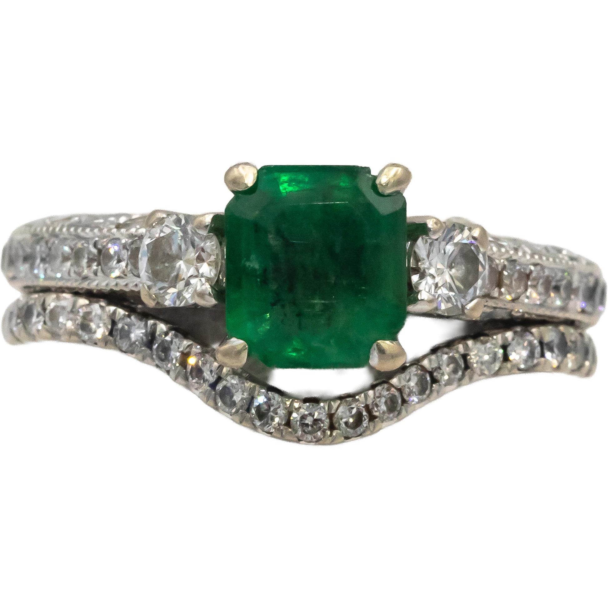 18k White Gold Emerald & Diamond Engagement Bridal Ring Set 2.16CT Size 6