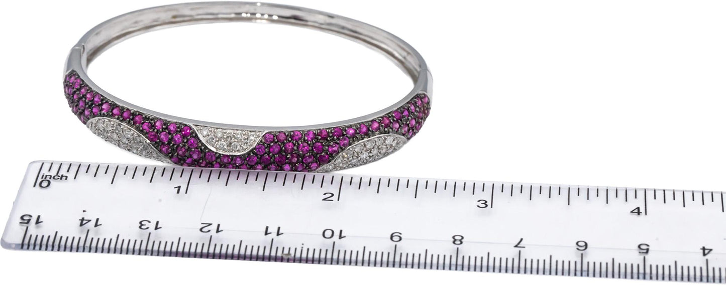 14k White Gold Round Diamond & Ruby Cluster Bangle Bracelet 4.25CTW
