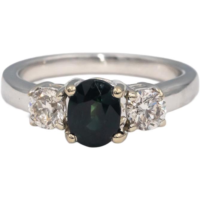 14k White Gold Oval Sapphire & Round Diamond Three Stone Engagement Ring 1.72CT