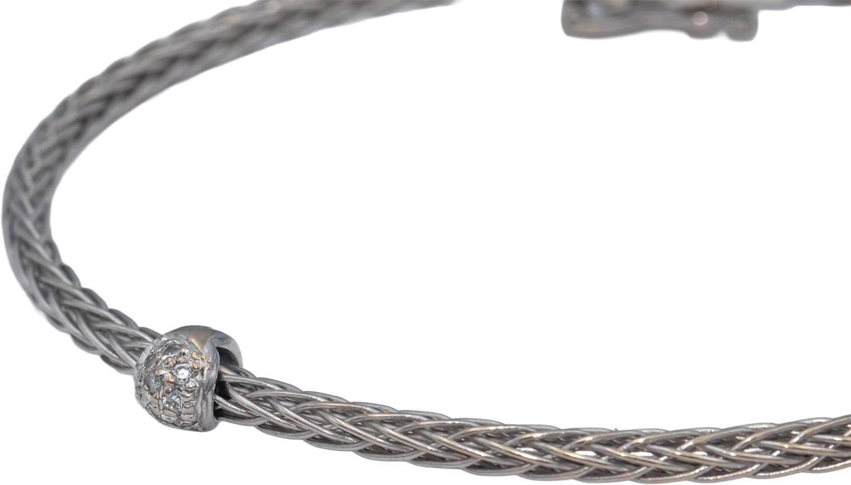 ROBERTO COIN 18k White Gold Round VS Diamond Station Woven Bangle Bracelet .10CT