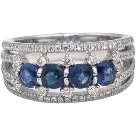 14k White Gold Round Blue Sapphire & VS Diamond Cocktail Ring 1.50CT Size 7