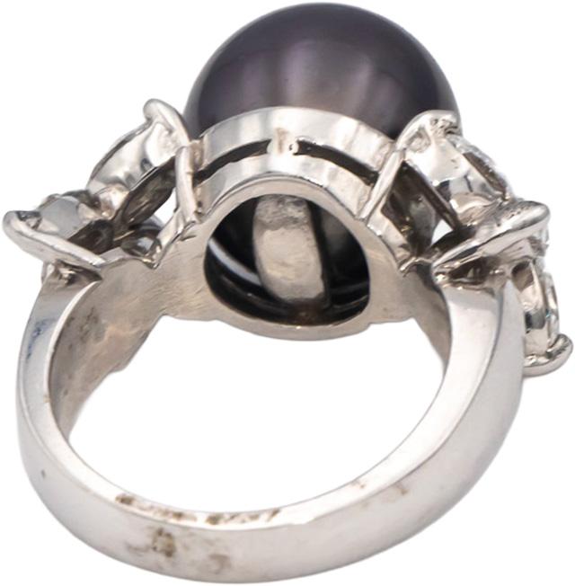 14k White Gold Marquise Diamond 12.7mm Black Tahitian Pearl Ring 1.50CT Size 7