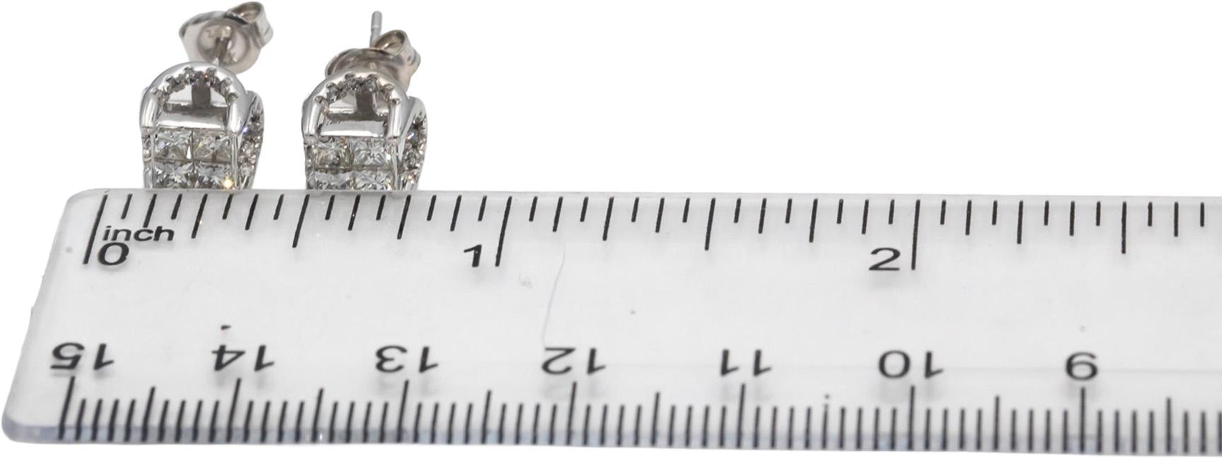 14k White Gold Princess & Round Diamond Stud Earrings 1.0CTW