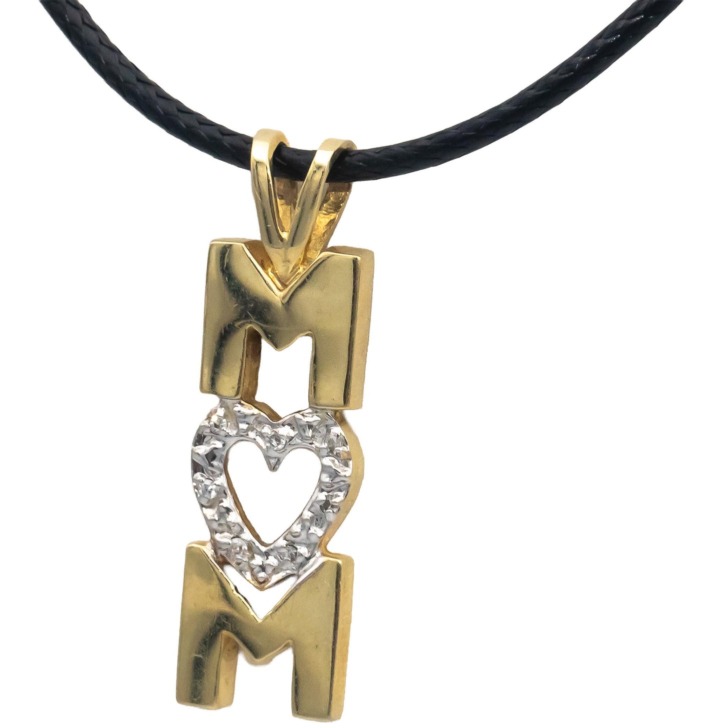 10k Yellow Gold Round Diamond Heart "MOM" Pendant Necklace 0.05CTW