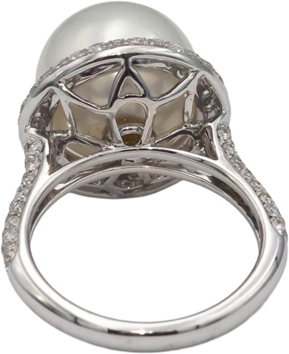 18k White Gold VS Round Diamond & 12.8-12.9mm Pearl Ring 1.04CT Size 6.75