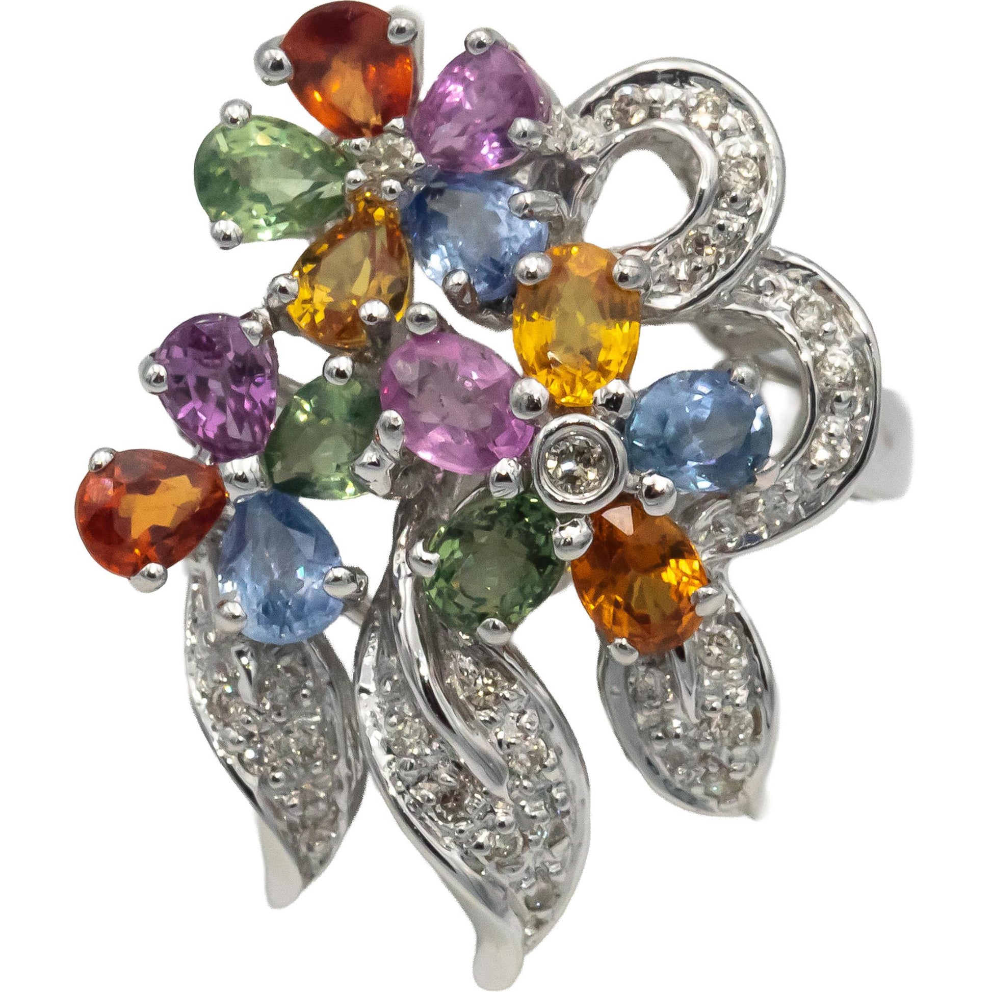 18k White Gold Round Diamond & Rainbow Sapphire Floral Ring 1.50CT Size 7.25